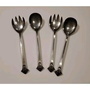 National Stainless Trieste Serving Salad Spoon & Fork Ornate Tip Japan 4 Pieces